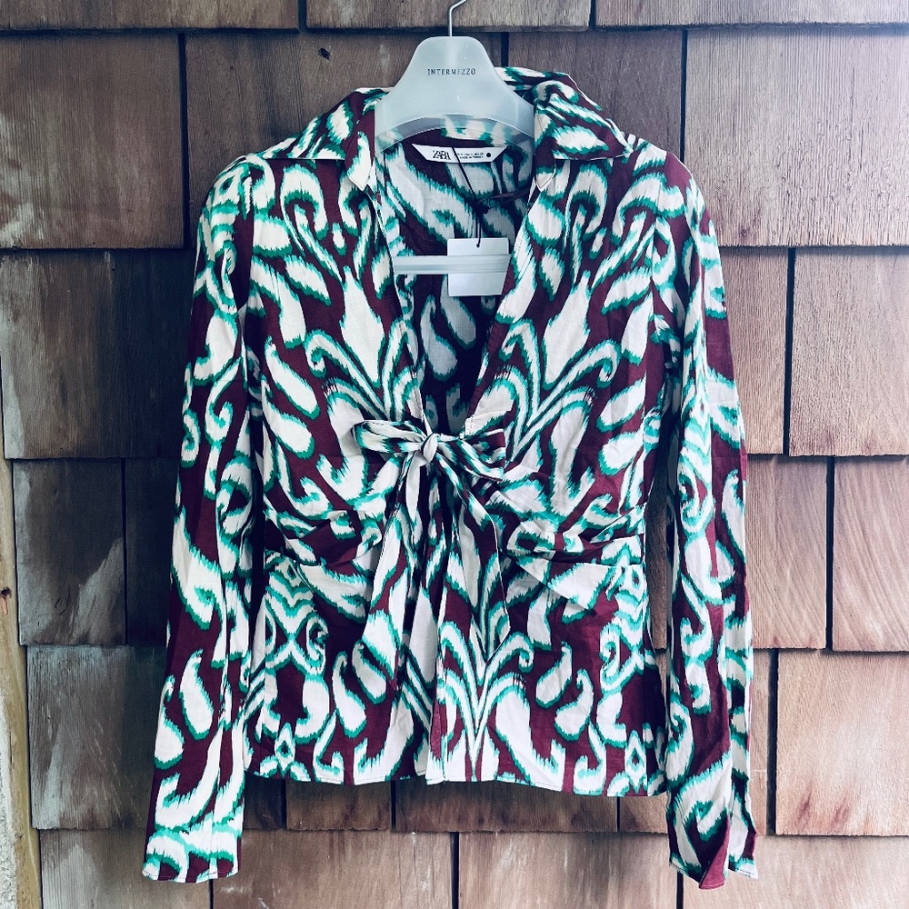 Zara Selena Cotton Blouse Bell Sleeves and Sash Tie Front size S Bohemian Print - Picture 2 of 13